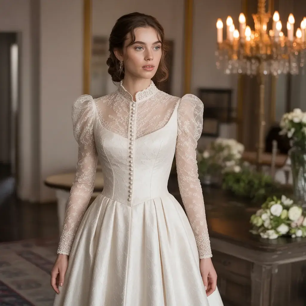 Elegant Victorian-inspired wedding dress featuring ornate pearl button details running along fitted sleeves