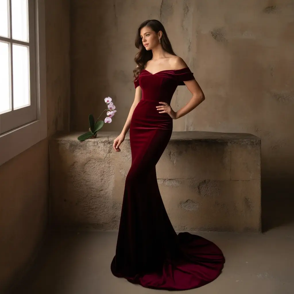 Top 15 Wedding Guest Outfit Ideas That Are Trending Now 15 Elegant Wine Red Velvet Off Shoulder Dress With Fitted Bodice