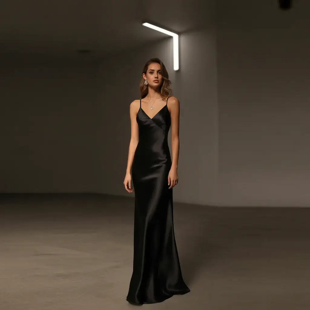 13 Black Long Dresses for Wedding Guests 3 Elegant black satin slip dress with adjustable straps and bias-cut silhouette