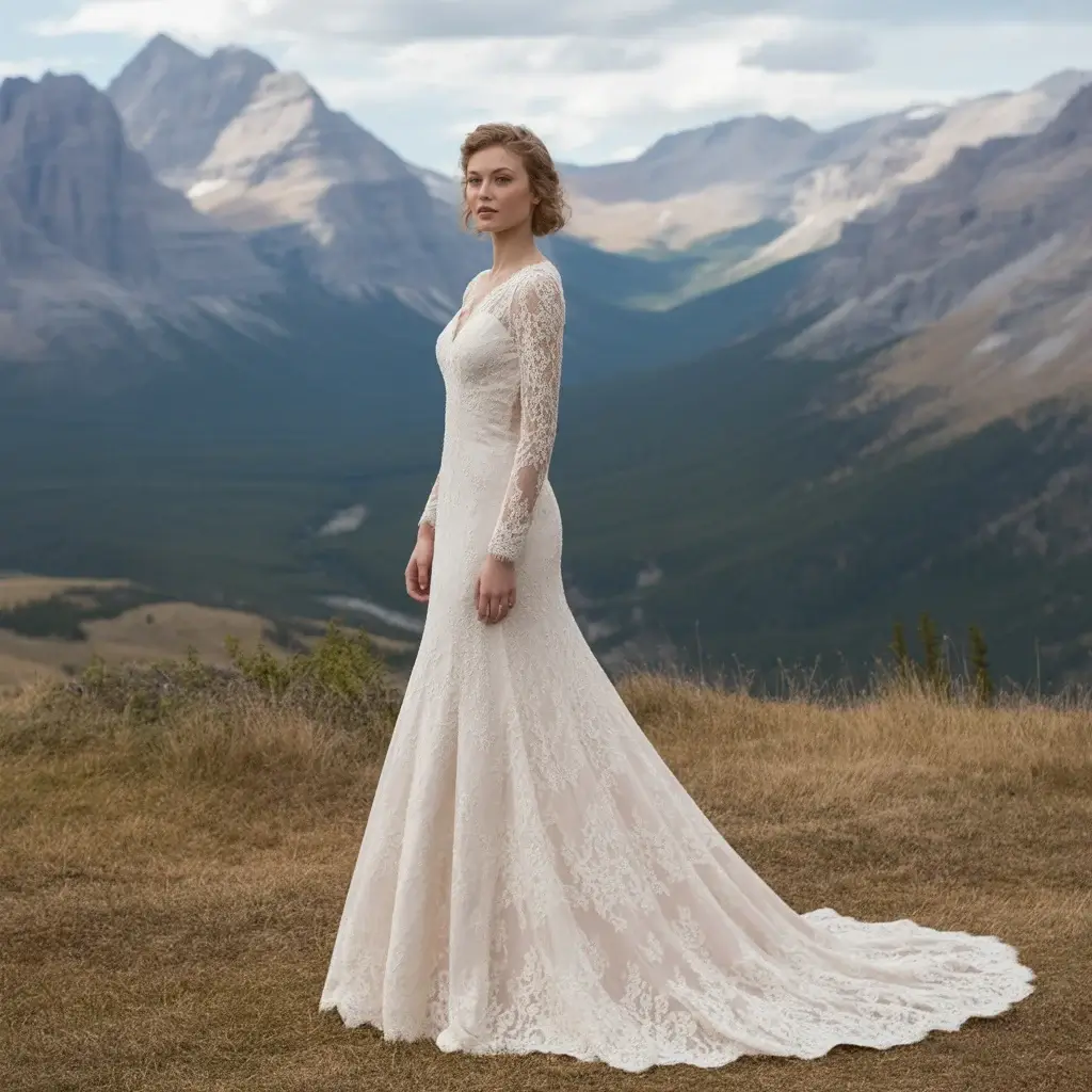 15 Wedding Dresses for Mountain Weddings 3 Elegant bride wearing a rustic lace sheath wedding dress with vintage-inspired details standing against dramatic mountain vista