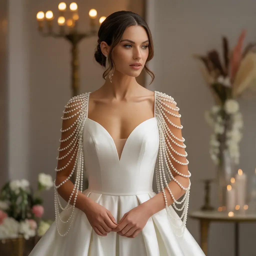 Elegant bride wearing a wedding dress with cascading pearl waterfall sleeves that flow gracefully down her arms details