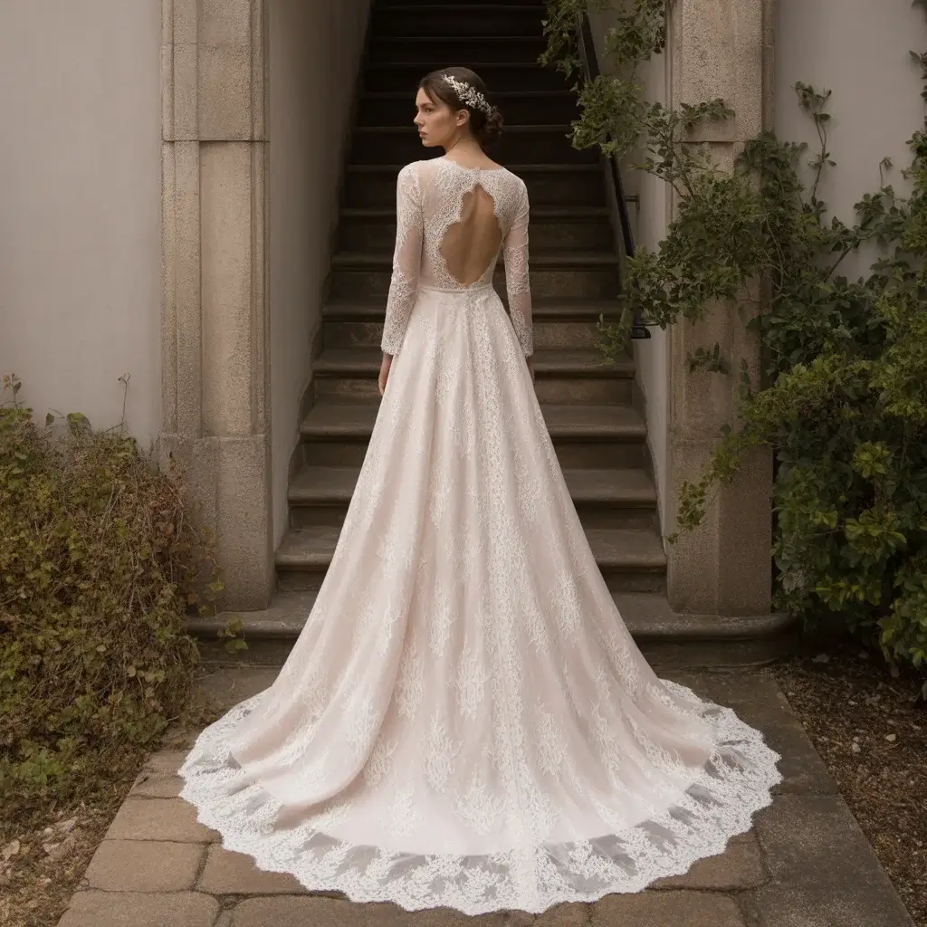 15 Long Sleeve Open Back Lace Wedding Dresses 9 Elegant lace wedding dress with beautiful scalloped edges on long sleeves and flowing open back with matching scalloped trim