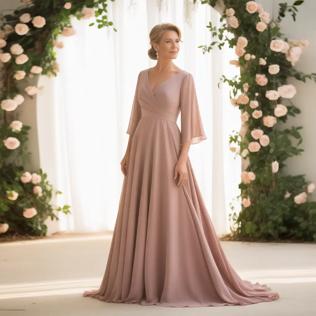 Top 15 Rose Gold Dresses for Mother of the Bride That Are Trending Right Now 1 Elegant mature woman in her 50s wearing rose gold chiffon A-line gown with three-quarter sleeves at wedding ceremony