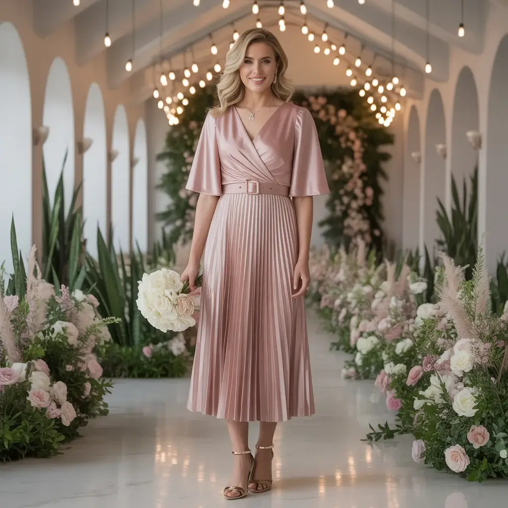 Top 15 Rose Gold Dresses for Mother of the Bride That Are Trending Right Now 10 Elegant mother of bride in rose gold pleated midi dress with matching belt standing at modern wedding venue
