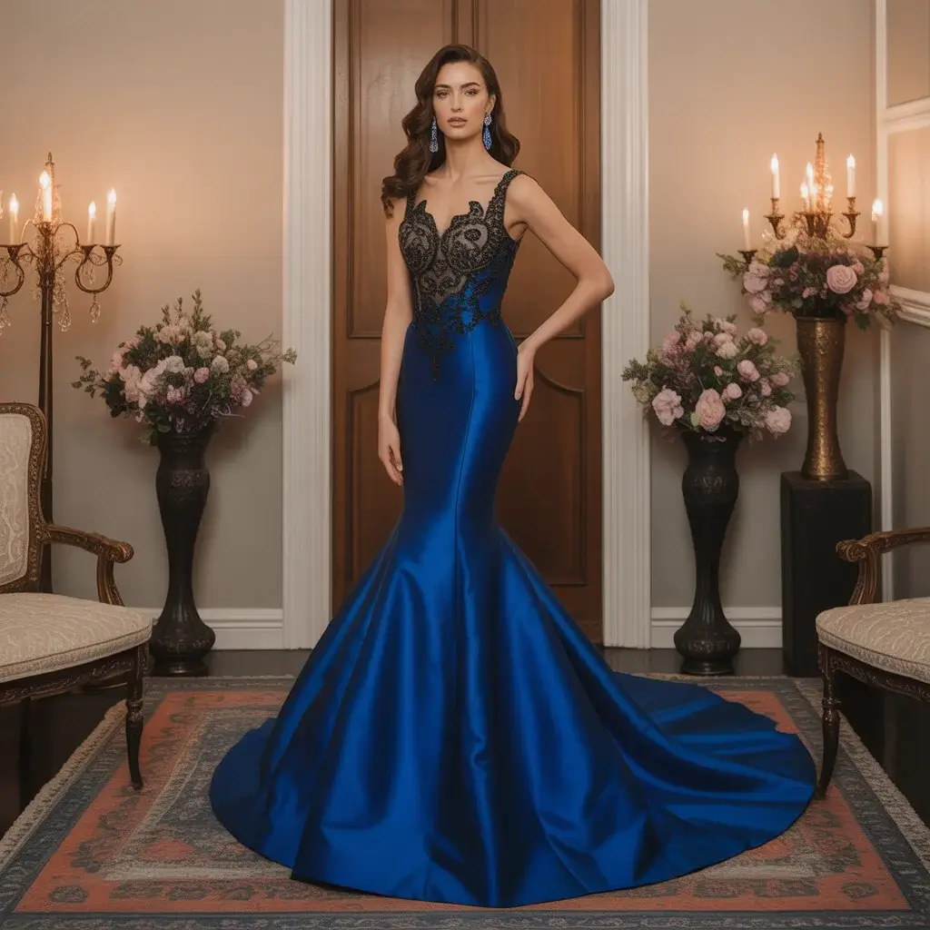 Elegant royal blue mermaid wedding dress with black beaded bodice and dramatic flare