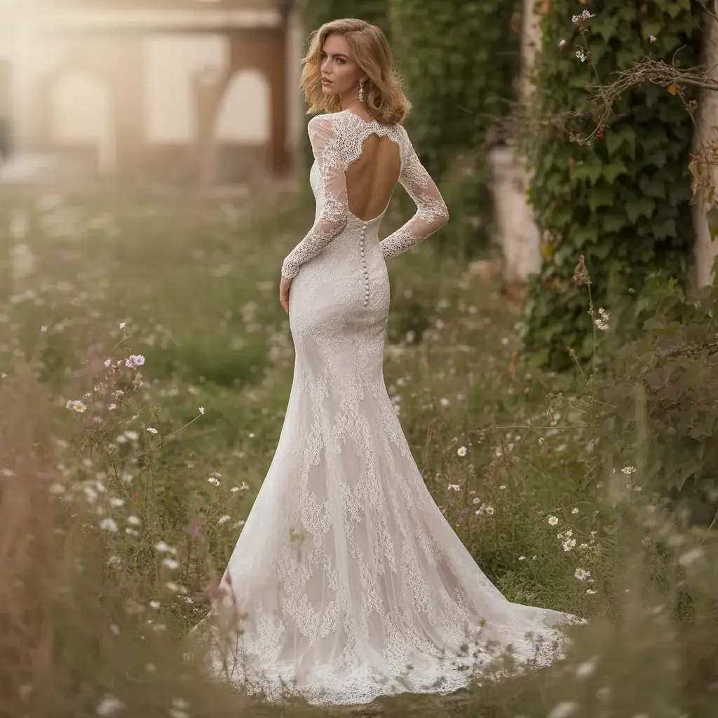 15 Long Sleeve Open Back Lace Wedding Dresses 14 Elegant trumpet-style lace wedding dress with fitted long sleeves and dramatic open back that flares at the knees