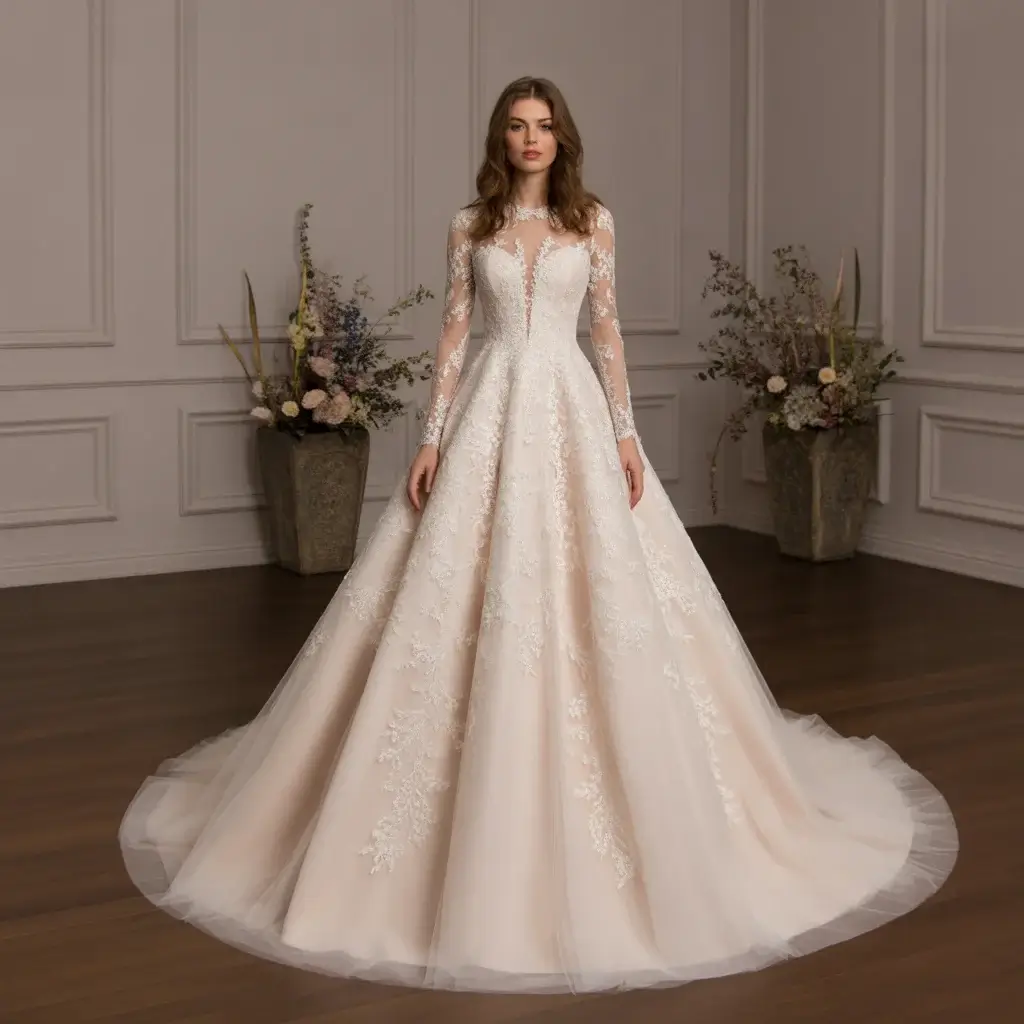 11 Revealing Wedding Gowns Redefining Bridal Fashion 10 Elegant wedding dress with sheer long sleeve overlay featuring delicate lace appliques and sophisticated coverage
