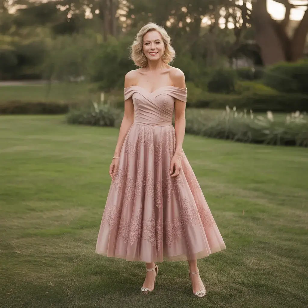 Top 15 Rose Gold Dresses for Mother of the Bride That Are Trending Right Now 3 Elegant woman in her 50s wearing romantic rose gold off-shoulder midi dress with lace details at outdoor wedding