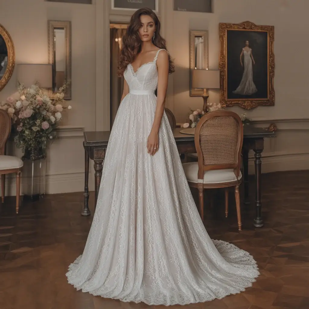 Empire waist Chantilly lace wedding dress with high waistline and flowing silhouette