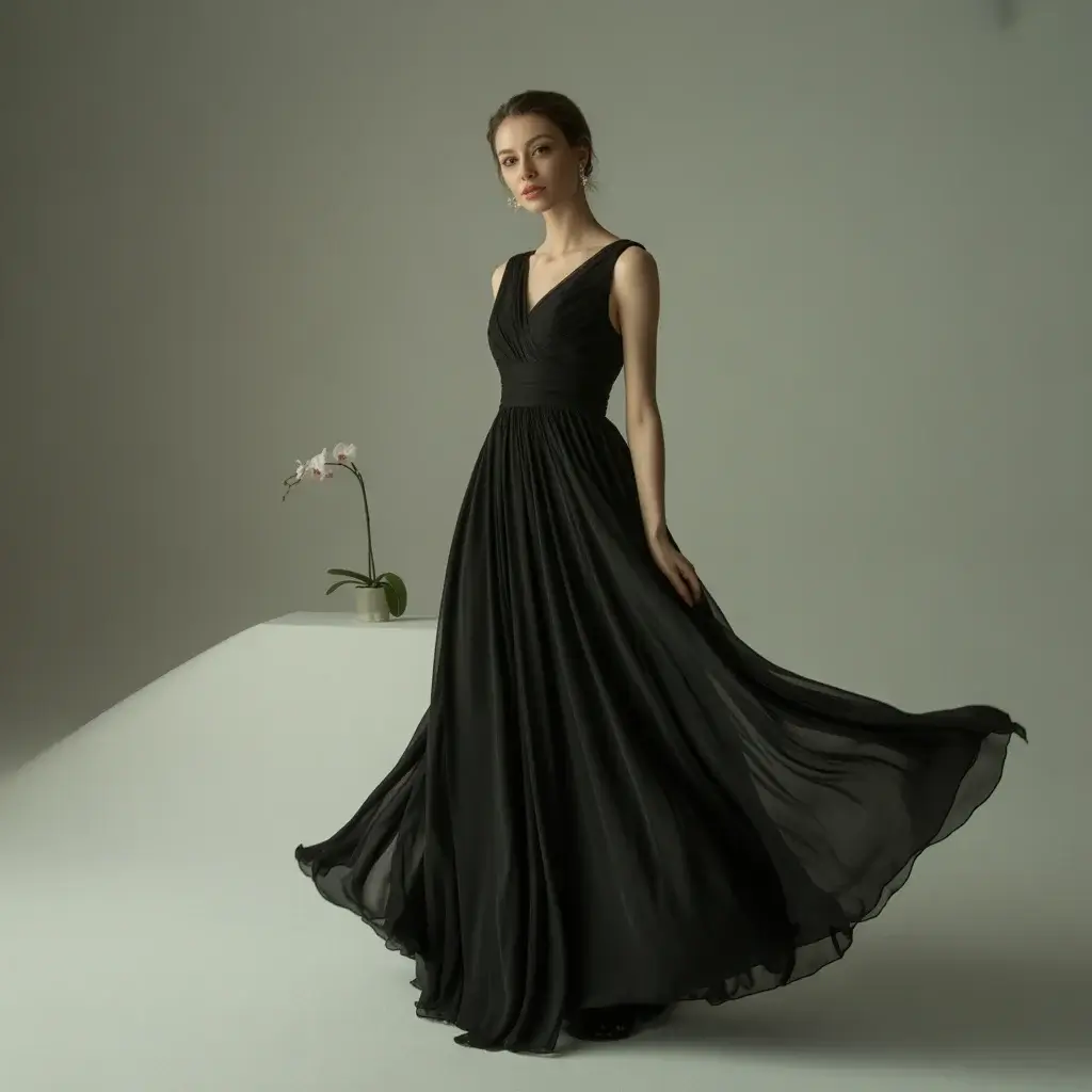 13 Black Long Dresses for Wedding Guests 7 Empire waist black chiffon dress with flowing layers and romantic silhouette