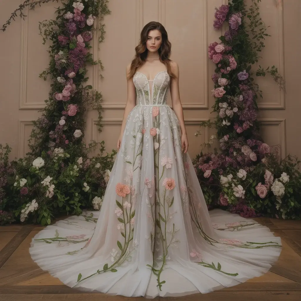 Enchanting Floral Embroidered Tulle Wedding Gown With Three Dimensional Garden Flowers