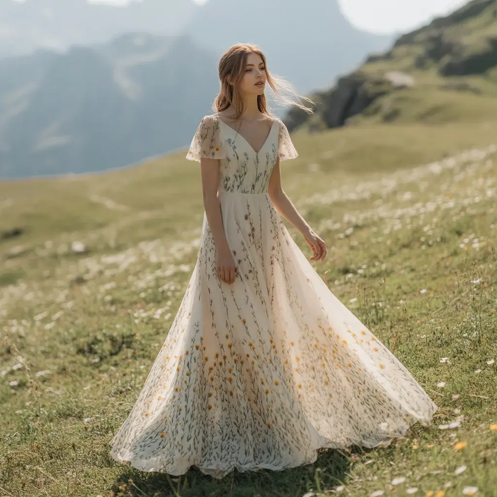 15 Wedding Dresses for Mountain Weddings 12 Enchanting bride wearing a whimsical wildflower print wedding dress that echoes the natural mountain meadow surroundings