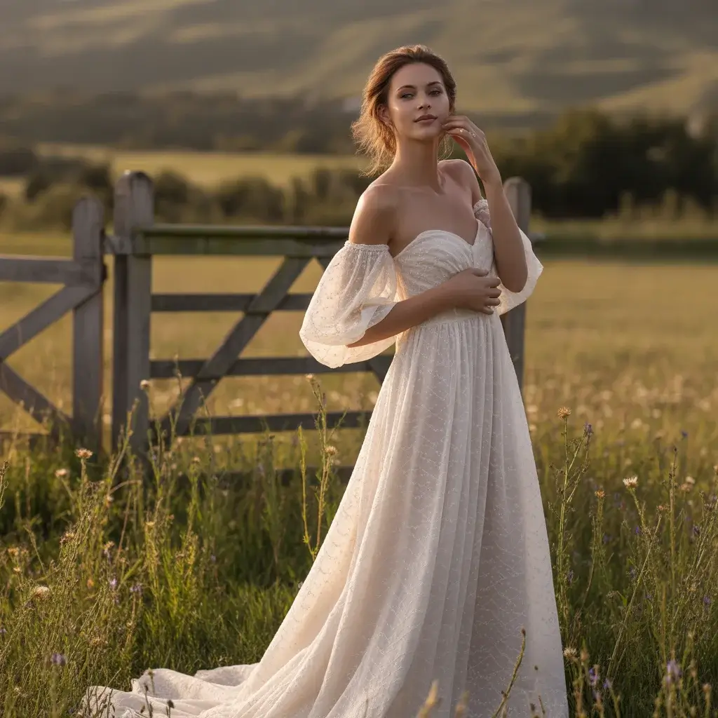 Ethereal Off Shoulder Bohemian Lace Wedding Dress With Flowing Romantic Sleeves