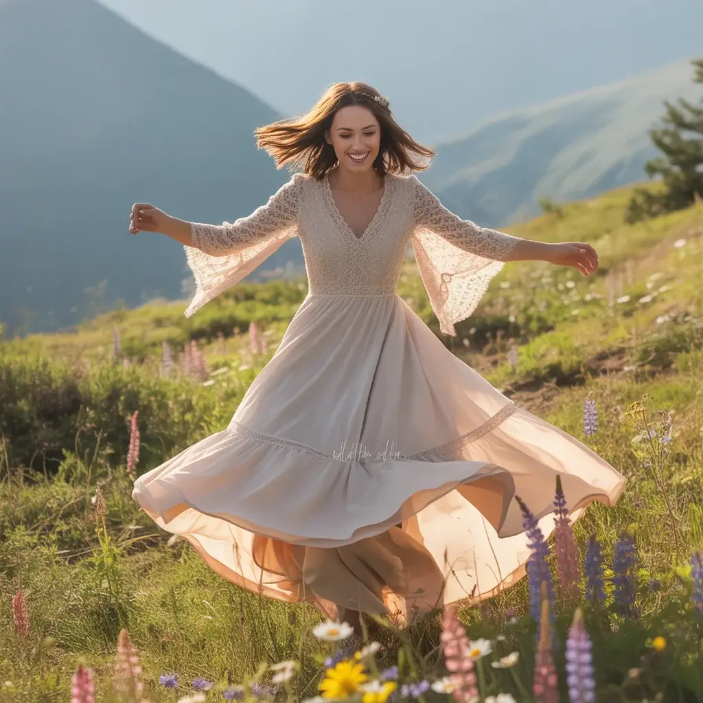 15 Wedding Dresses for Mountain Weddings 2 Ethereal bride in a flowing bohemian A-line wedding dress with lace sleeves dancing in mountain meadow surrounded by wildflowers