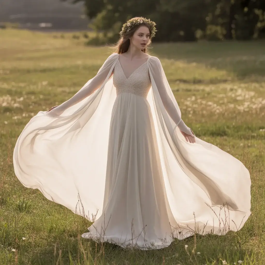 Top 16 Best Try at Home Wedding Dresses That Brides Are Ordering Online 8 Ethereal chiffon wedding dress with flowing cape sleeves and goddess-like romantic silhouette