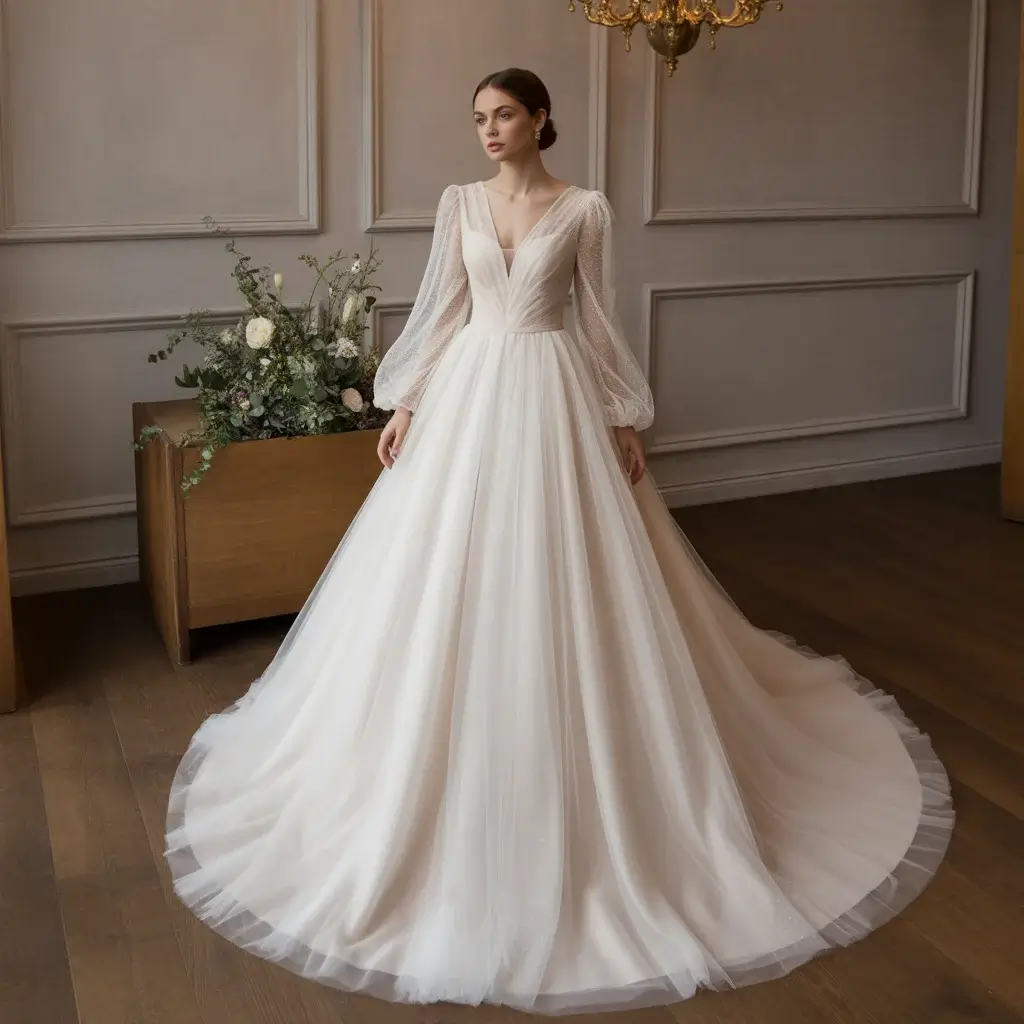 Ethereal silk tulle princess wedding dress with romantic long sleeves and fairy-tale silhouette