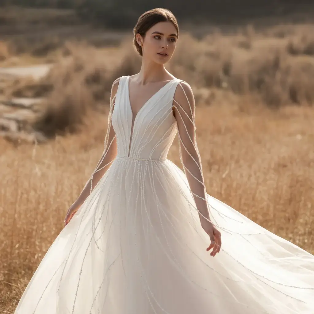 Ethereal wedding dress with delicate pearl vine patterns that wind organically across flowing sleeves