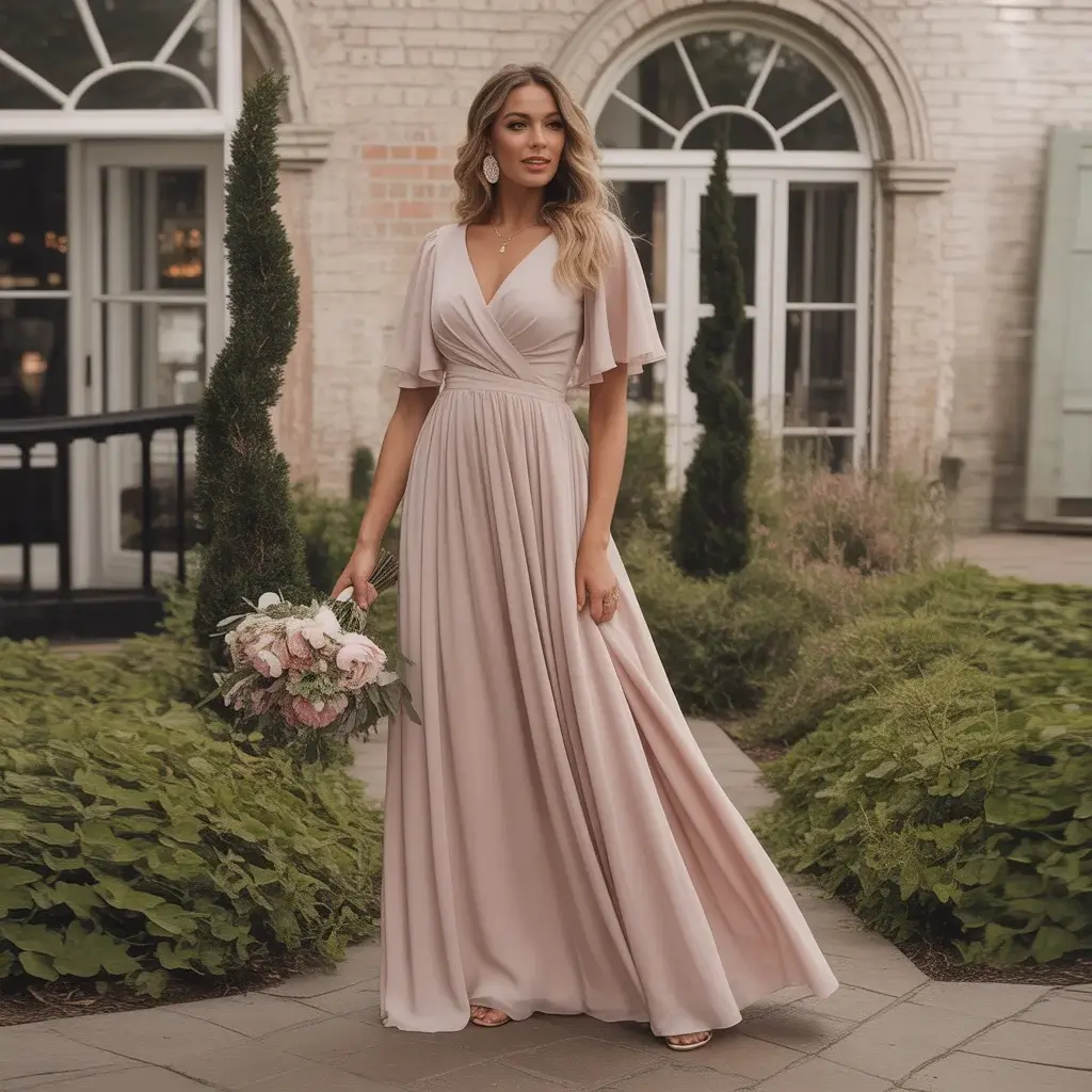 Top 15 Wedding Guest Outfit Ideas That Are Trending Now 4 Flowing Blush Pink Chiffon Maxi Dress With Flutter Sleeves