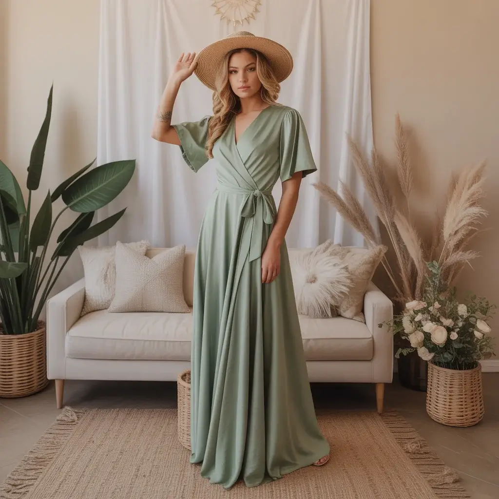 Top 15 Wedding Guest Outfit Ideas That Are Trending Now 9 Flowing Sage Green Wrap Maxi Dress With Tie Waist Detail