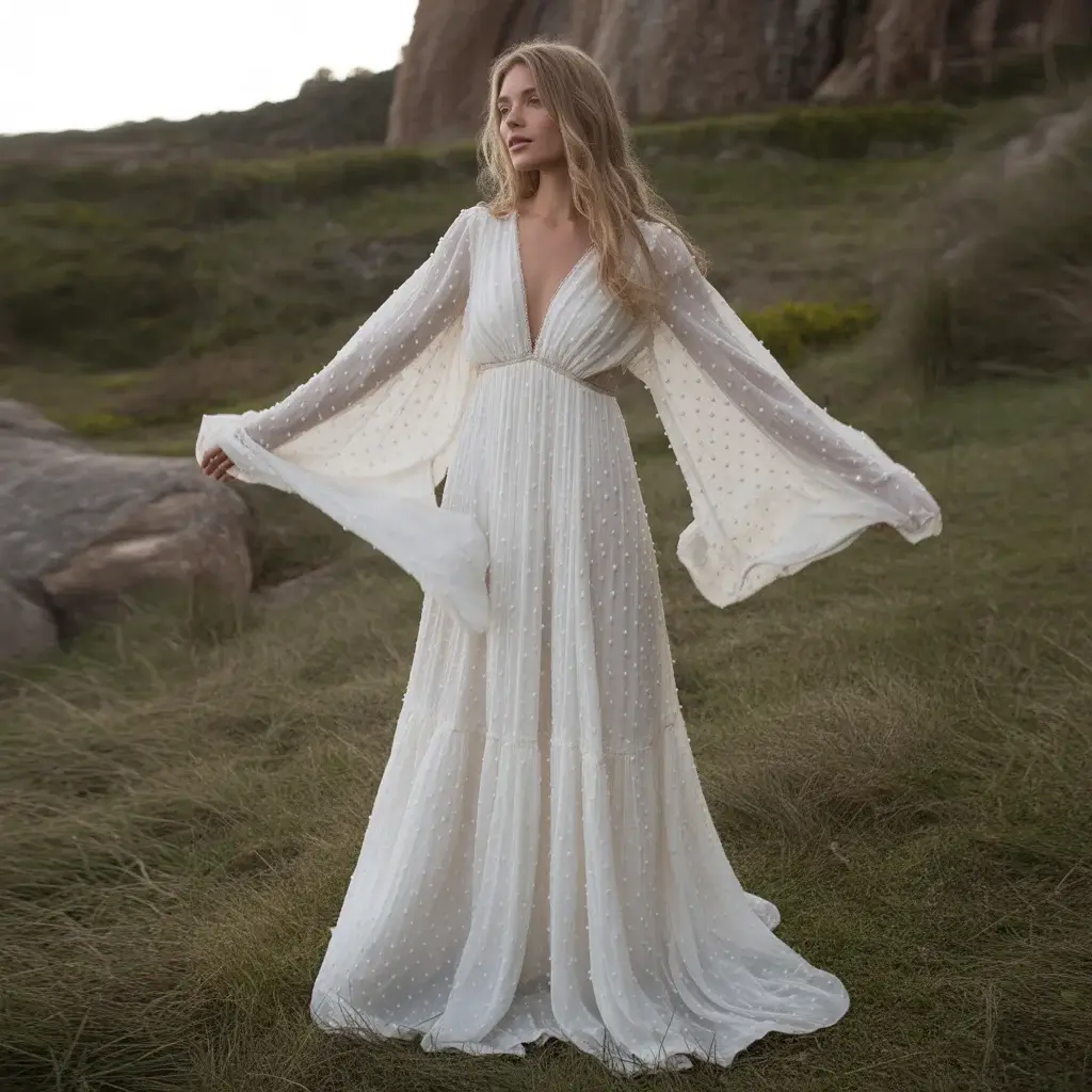 Free-spirited bohemian wedding dress with organically scattered pearls creating a natural, effortless look across flowing sleeves gown