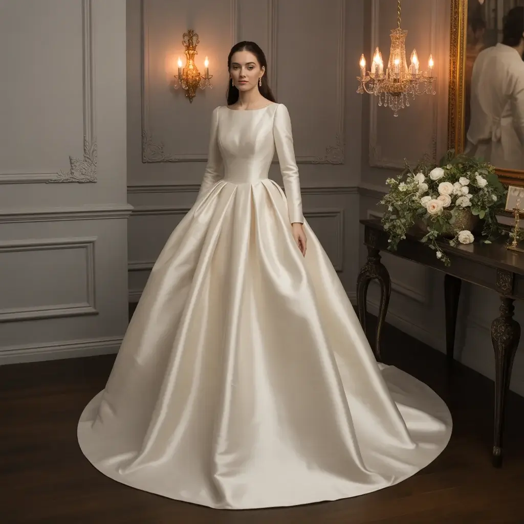 Glamorous silk gazar ball gown with elegant long sleeves and dramatic voluminous skirt