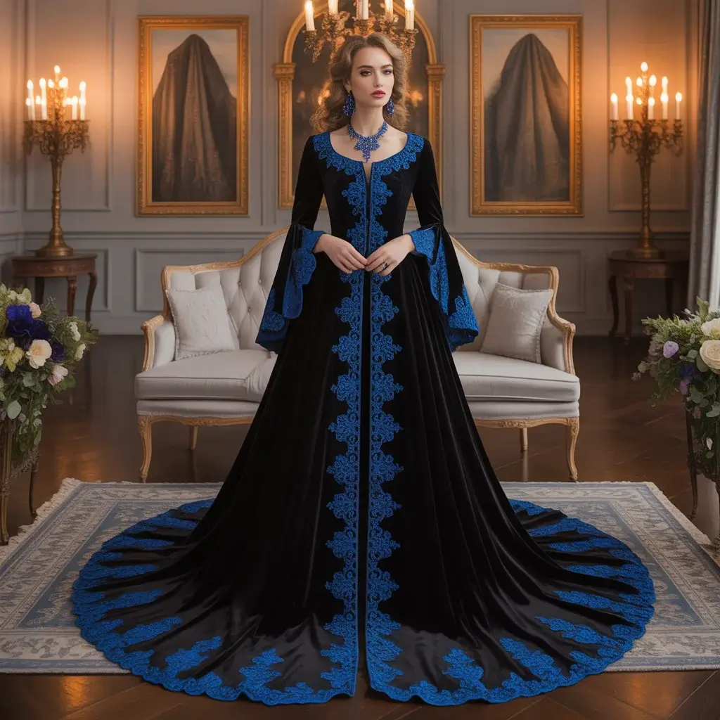 Gothic black wedding dress with royal blue embroidered accents and flowing sleeves