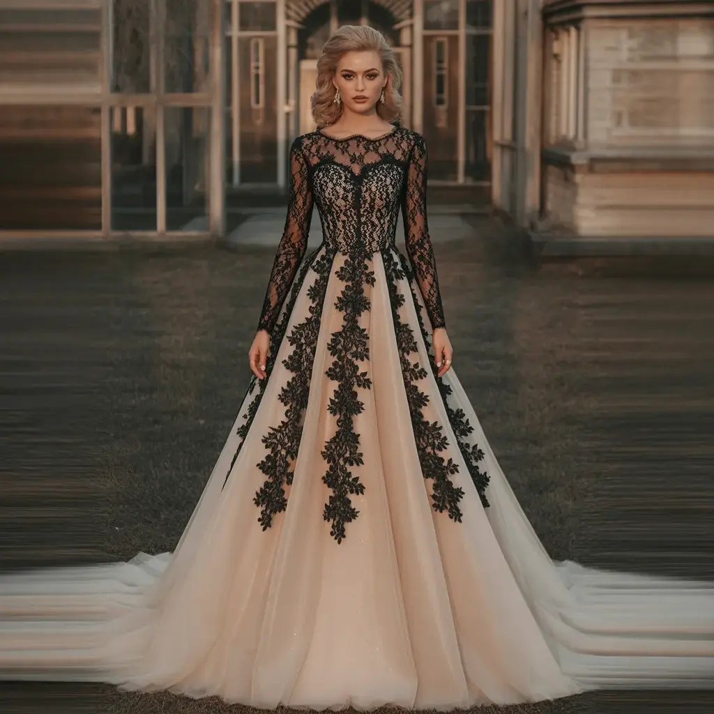 Top 17 Illusion Sleeve Gowns Brides Are Obsessing Over Right Now 6 Gothic romance illusion sleeves with black lace appliqués on nude tulle fabric