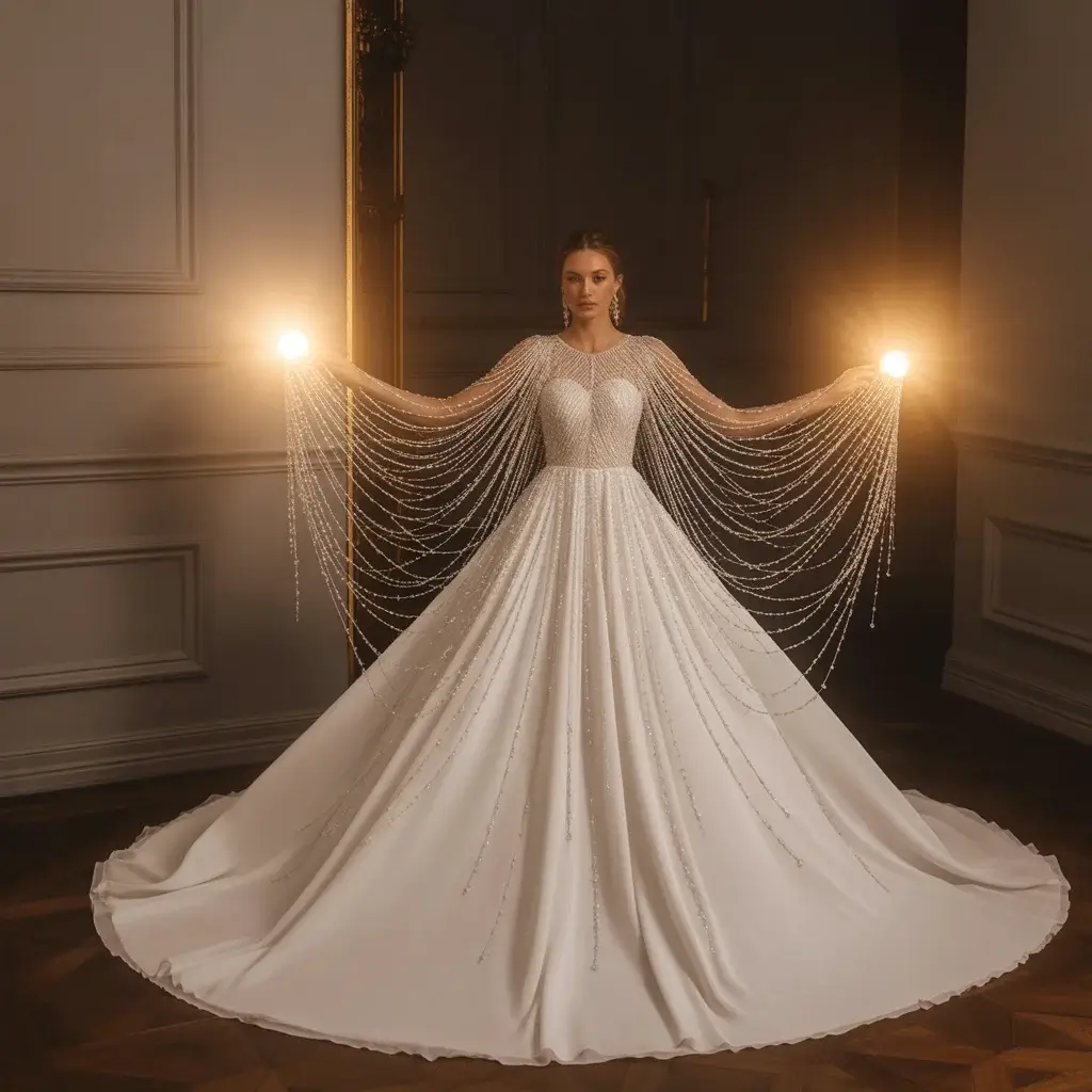 Gown with intricate crystal beaded sleeve details creating spectacular light effects