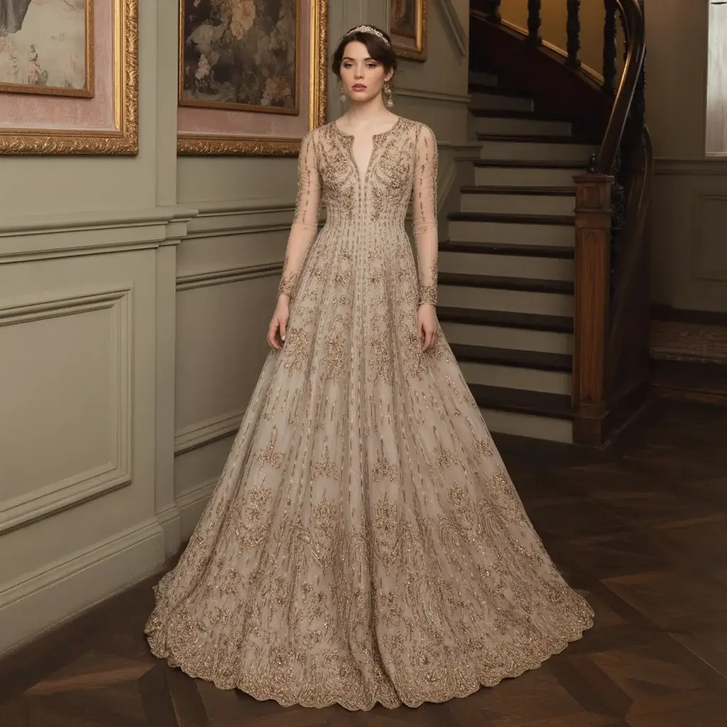 Gown with intricate metallic thread embroidery in gold and silver patterns