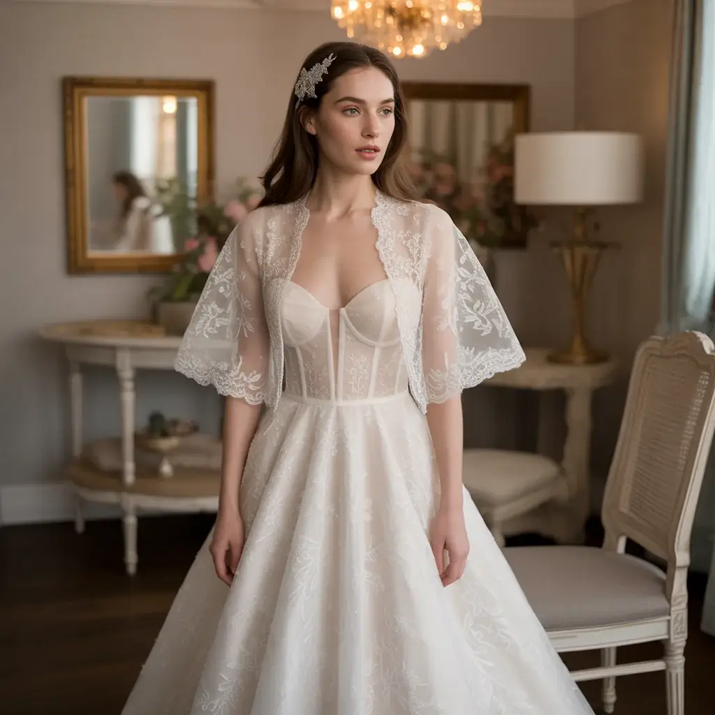 Top 11 Wedding Dress Cover Ideas That Are Transforming Bridal Fashion 4 Graceful bride wearing a romantic sheer bolero with delicate embroidery over her fitted wedding dress Gown