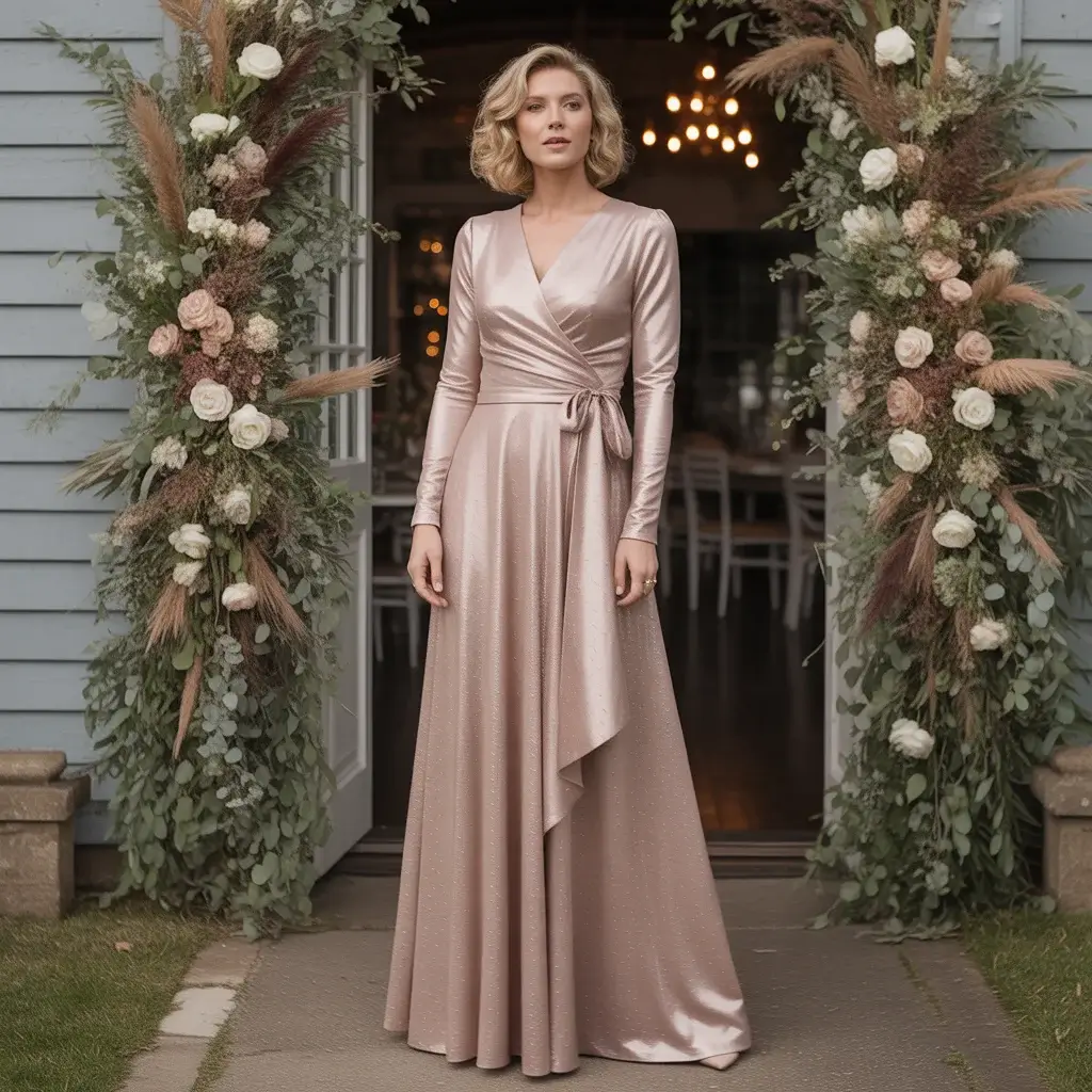 Top 15 Rose Gold Dresses for Mother of the Bride That Are Trending Right Now 4 Graceful mother of bride in rose gold wrap-style maxi dress with long sleeves posing at fall wedding venue