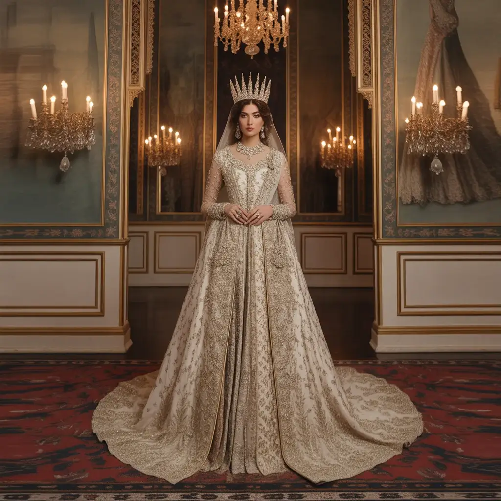 Hand-embroidered royal court gown with gold thread details and pearl embellishments