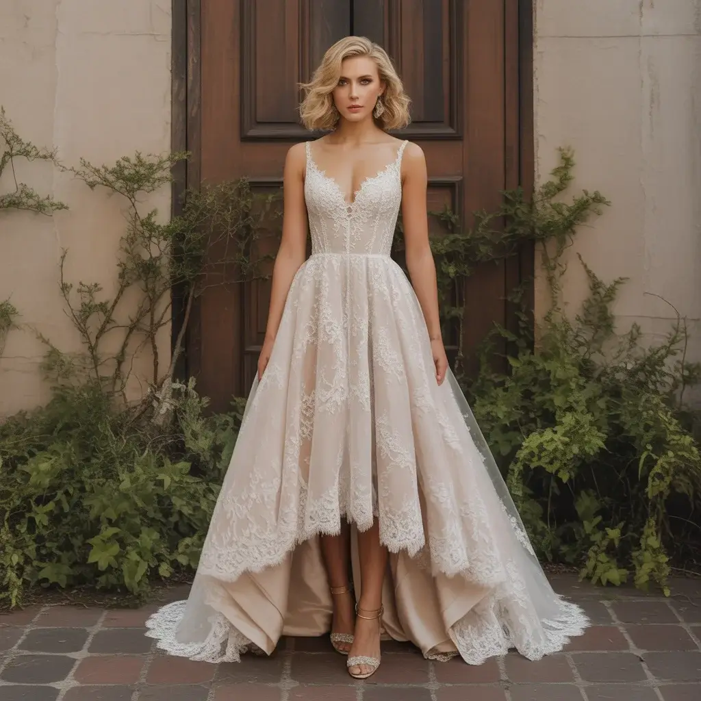 High low Chantilly lace wedding dress with asymmetrical hemline and layered construction