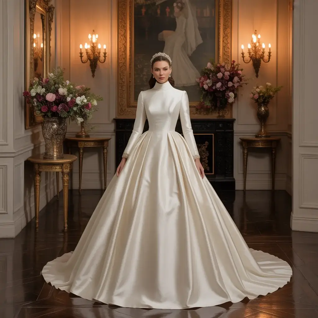 High-neck silk taffeta ball gown with fitted long sleeves and dramatic full skirt