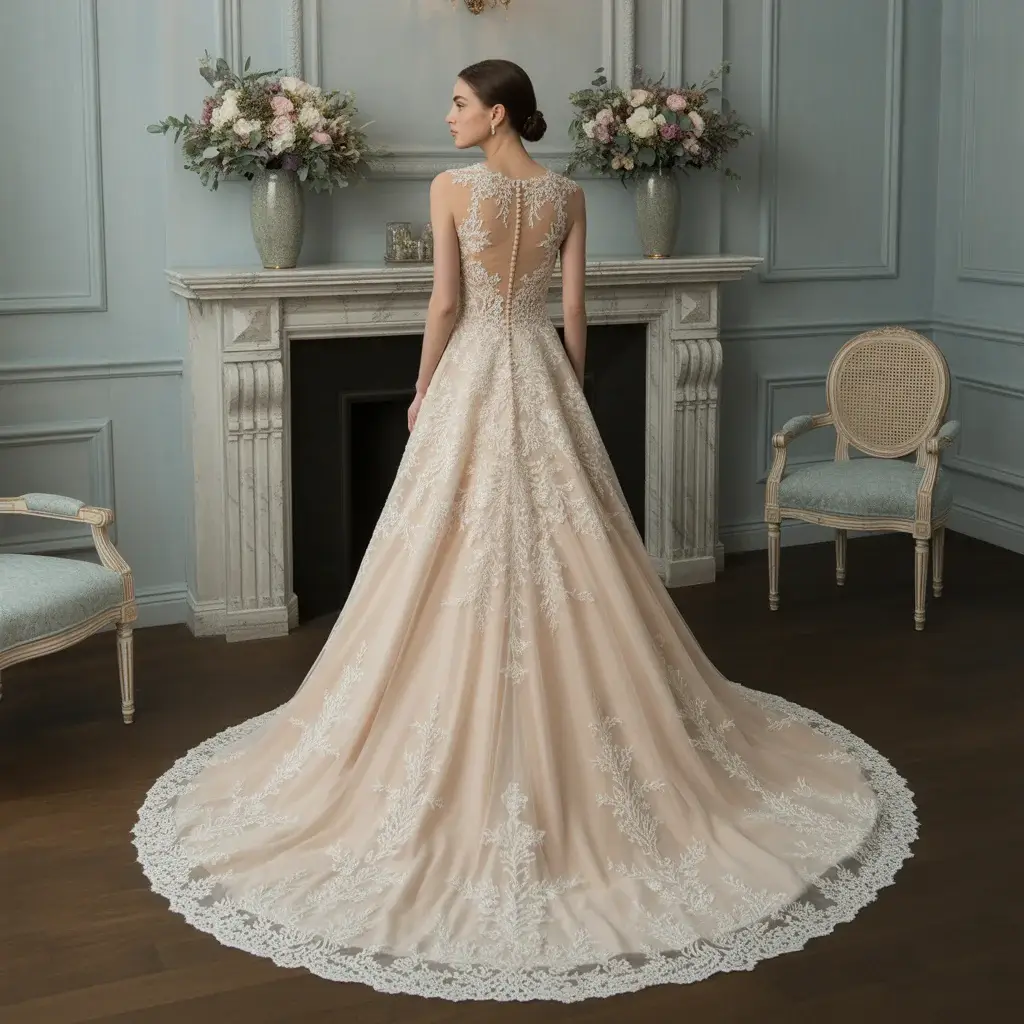Illusion back Chantilly lace wedding dress with beaded details and sheer panels