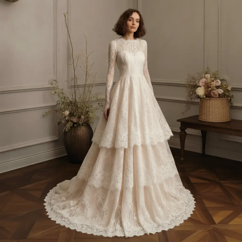 Layered Chantilly lace wedding dress with multiple lace patterns and flowing construction