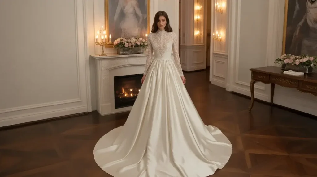 Timeless silk shantung A-line wedding dress with classic long sleeves and elegant draping