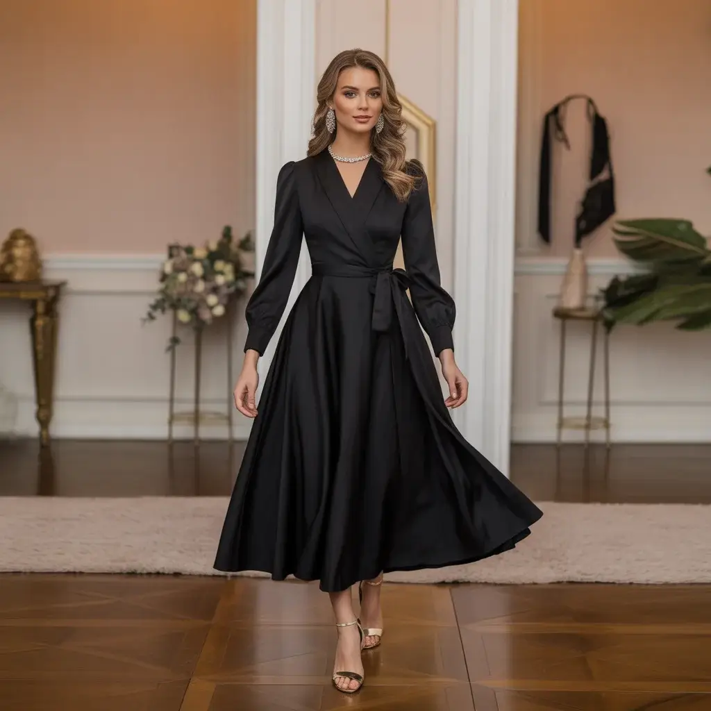 13 Black Long Dresses for Wedding Guests 5 Long-sleeved black wrap dress in midi length with flowing skirt