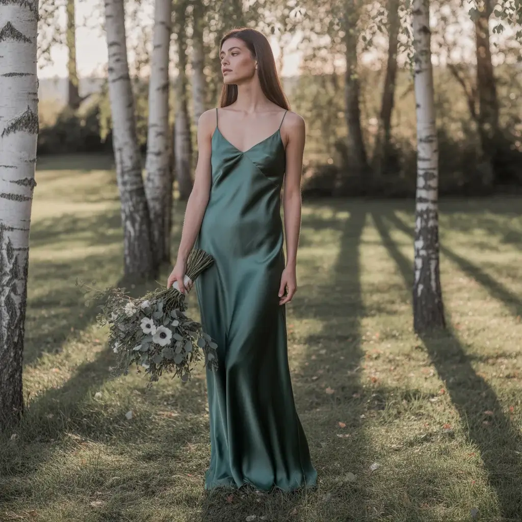 Top 15 Wedding Guest Outfit Ideas That Are Trending Now 11 Luxurious Forest Green Silk Slip Dress With Delicate Spaghetti Straps