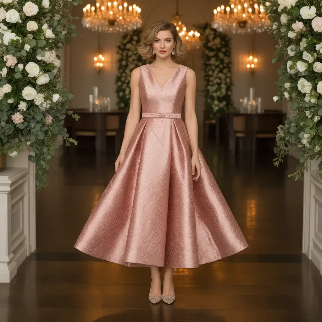Top 15 Rose Gold Dresses for Mother of the Bride That Are Trending Right Now 14 Luxurious mother of bride in rose gold jacquard cocktail dress with textured pattern at upscale wedding venue