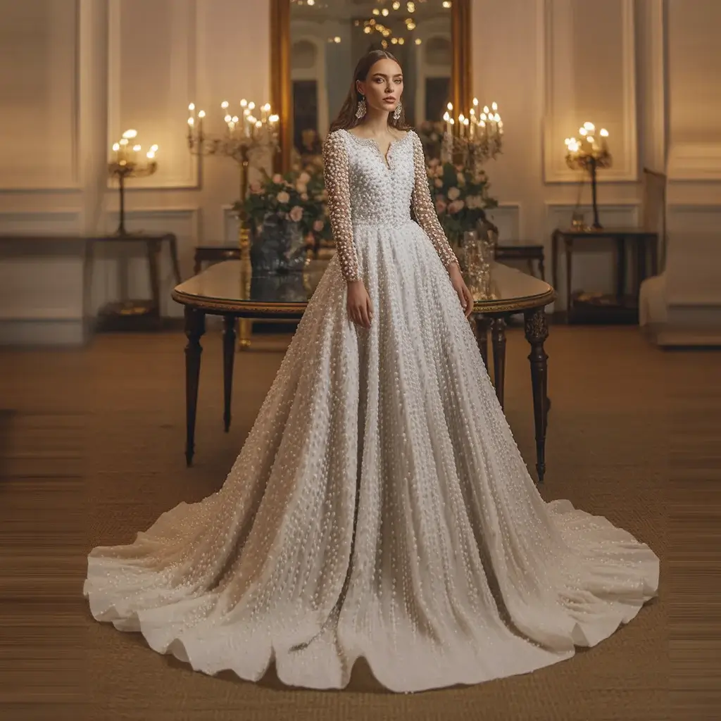 Luxurious wedding dress showcasing textured pearl embroidery with raised dimensional patterns across sophisticated sleeves gown