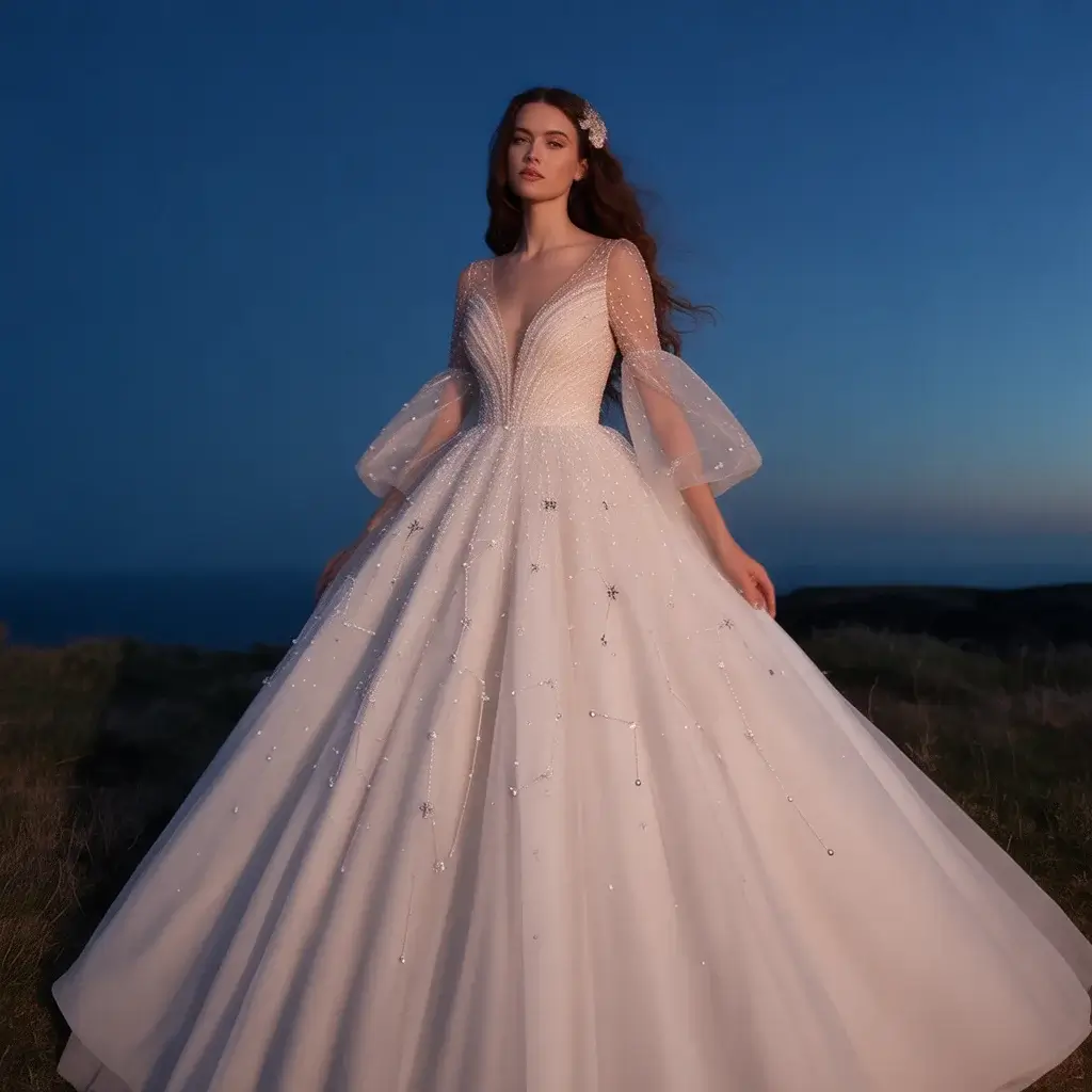 Magical celestial-themed wedding dress with pearl constellation patterns that recreate starry night sky across dreamy sleeves