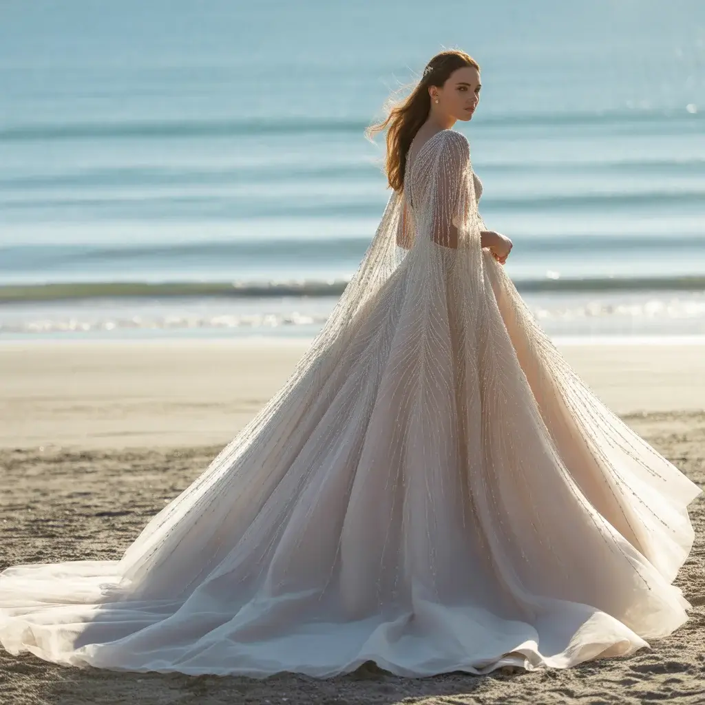 Majestic Wedding Dress With Dramatic Flowing Cape Sleeves And Elegant Cathedral Train