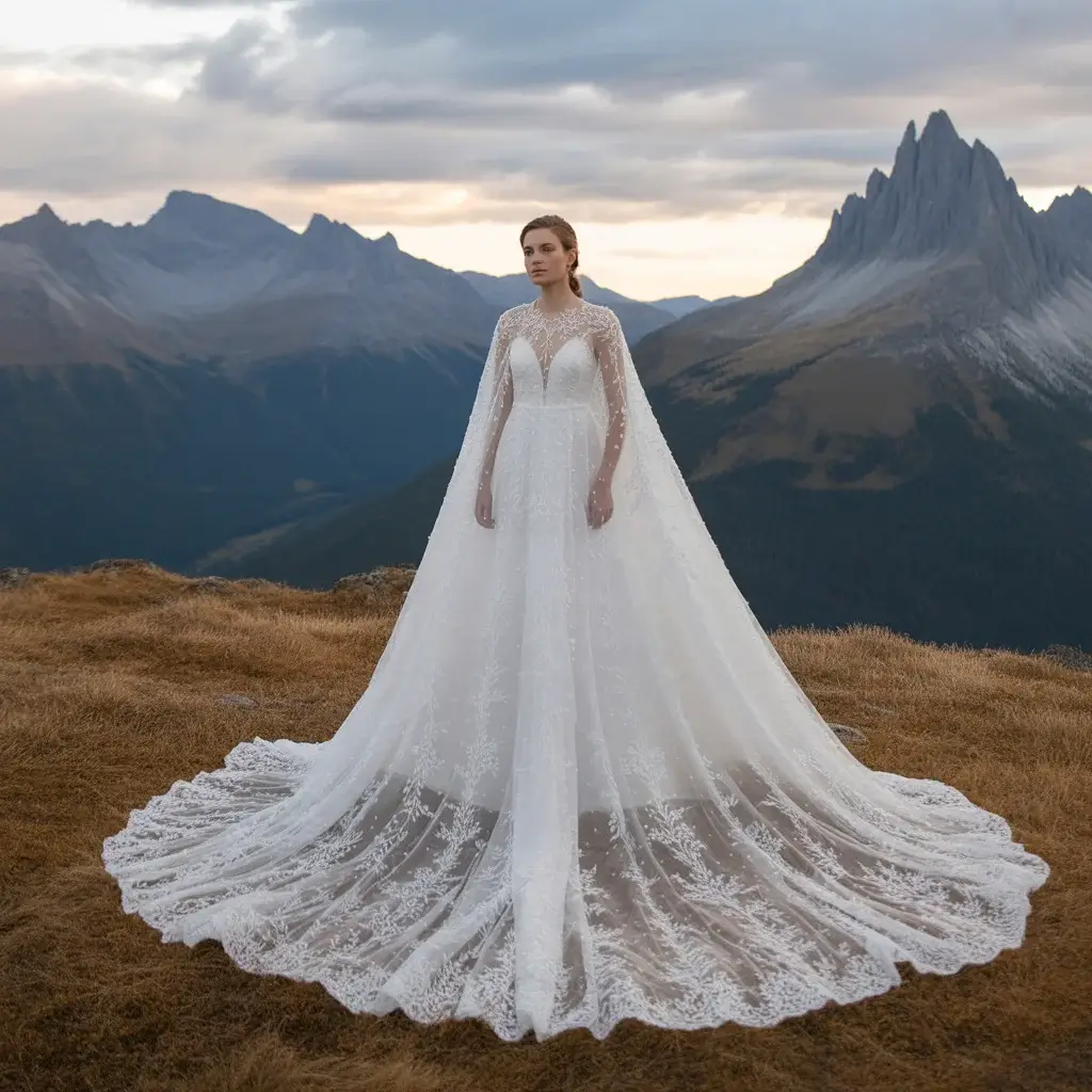 15 Wedding Dresses for Mountain Weddings 14 Majestic bride with a flowing cape wedding dress creating dramatic silhouette against mountain peaks and cloudy sky