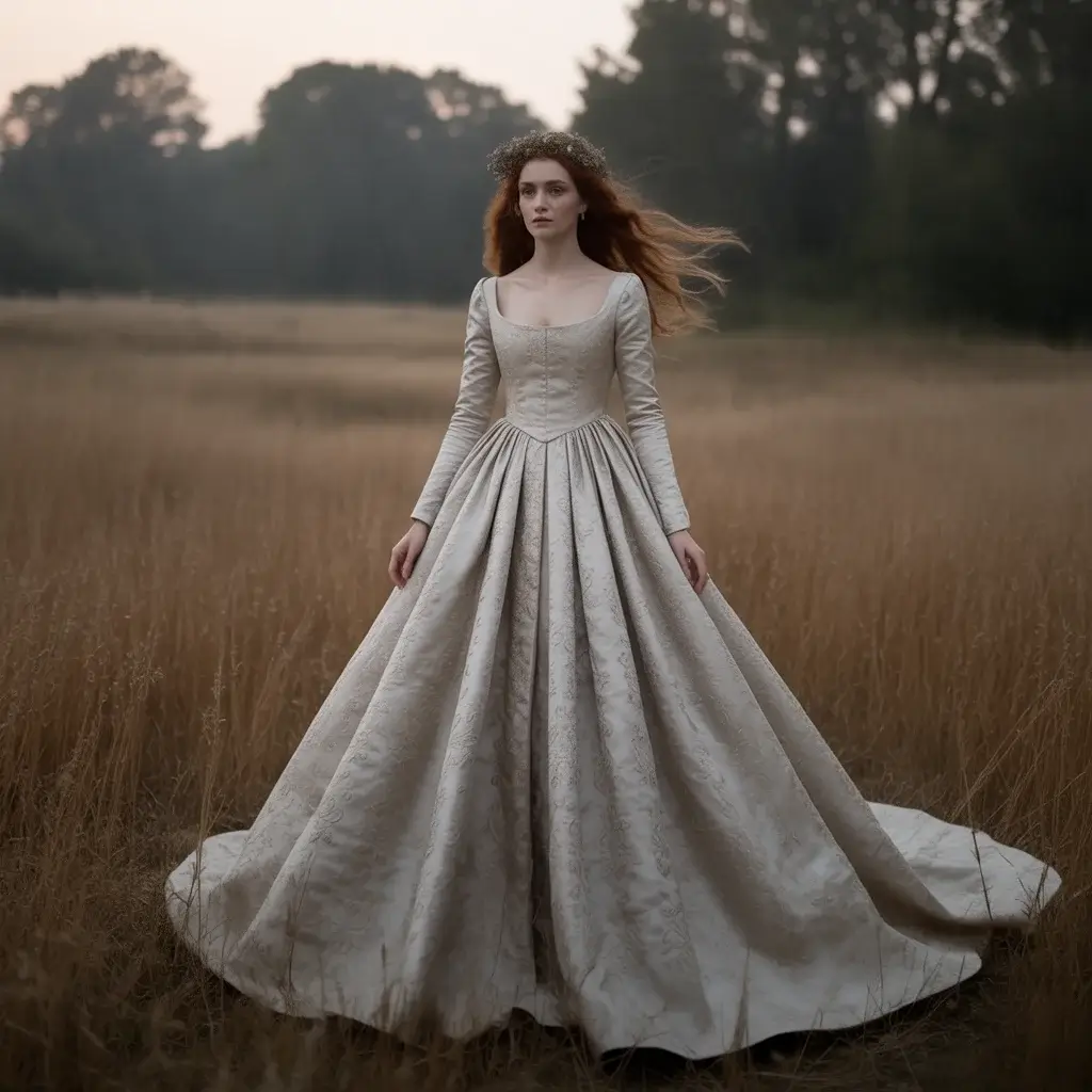 Medieval silk damask princess wedding gown with fitted sleeves and sweeping train