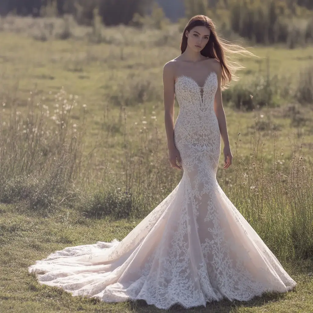 Mermaid Chantilly lace wedding dress with fitted silhouette and dramatic flare at knee
