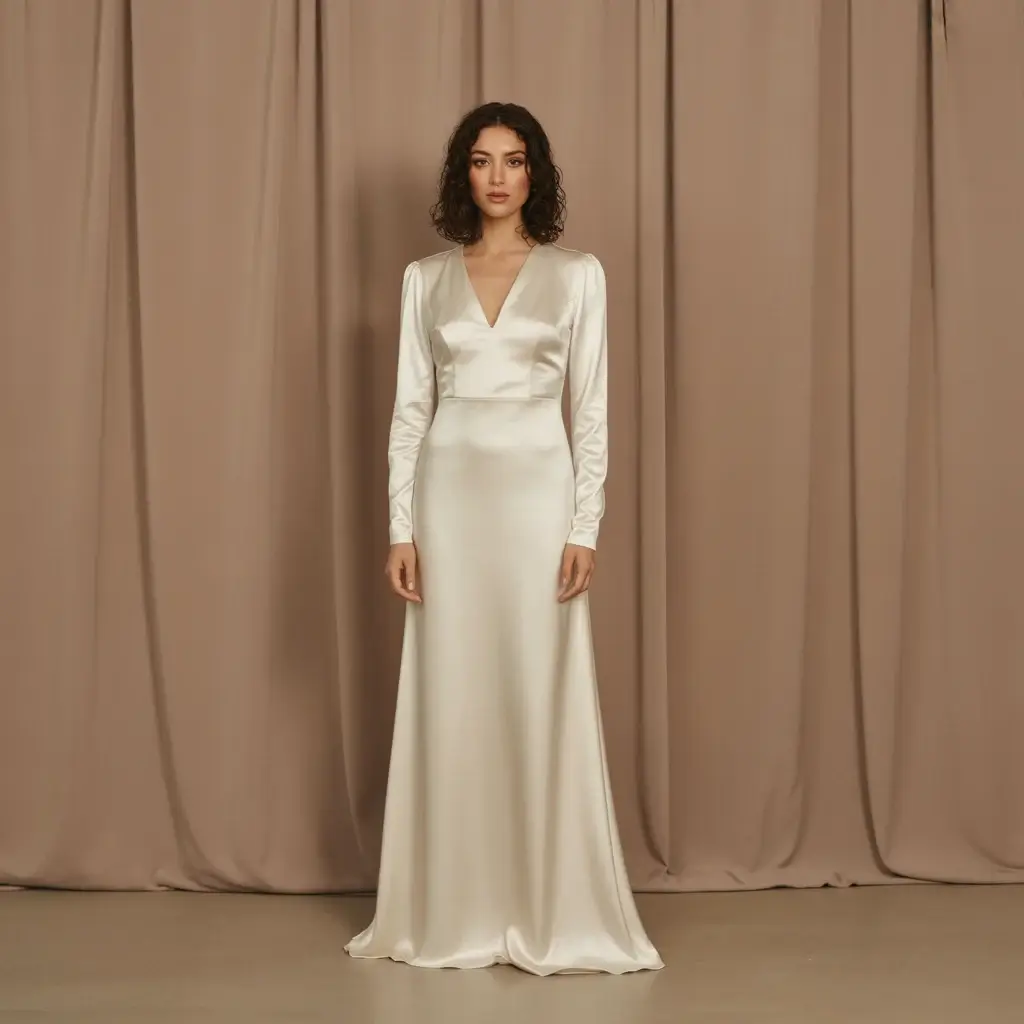 Minimalist silk charmeuse wedding dress with long sleeves and clean modern silhouette