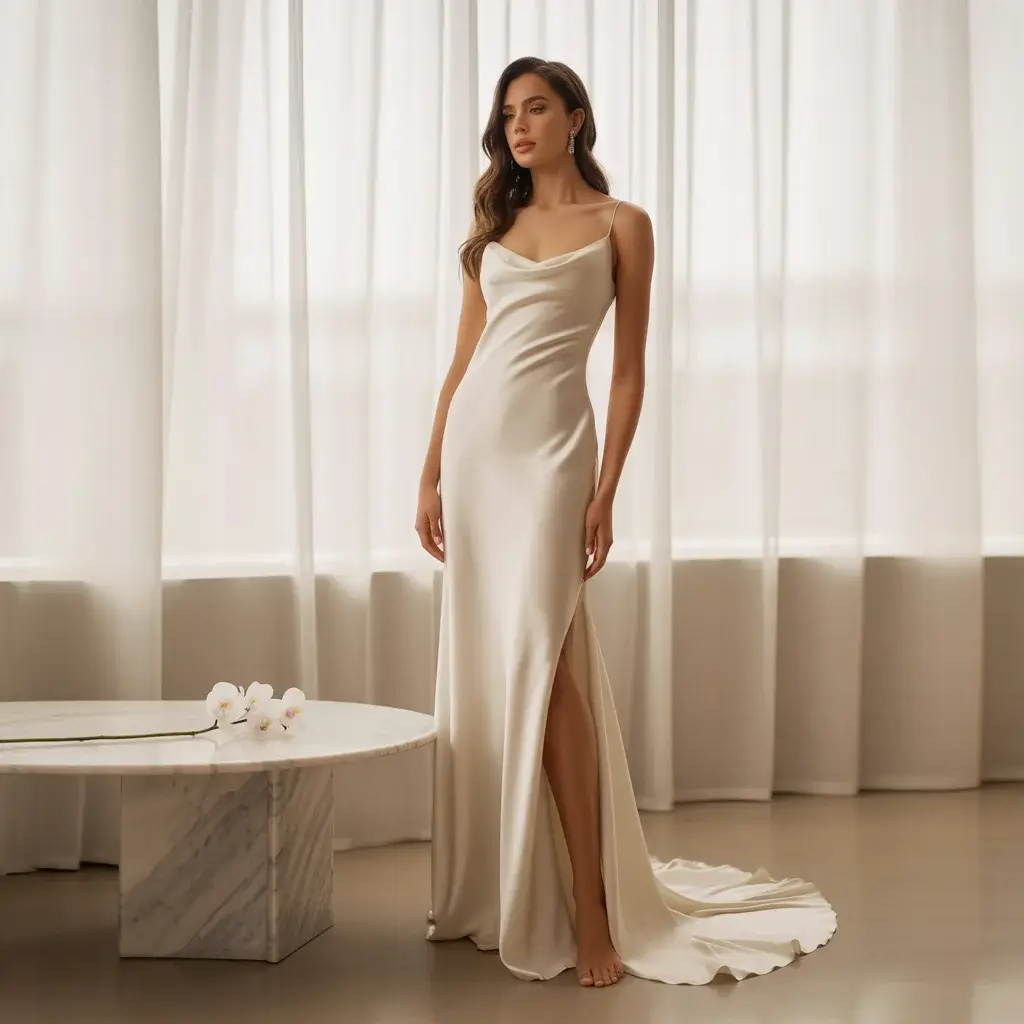 Top 16 Best Try at Home Wedding Dresses That Brides Are Ordering Online 2 Minimalist silk slip wedding dress with elegant side slit and flowing drape