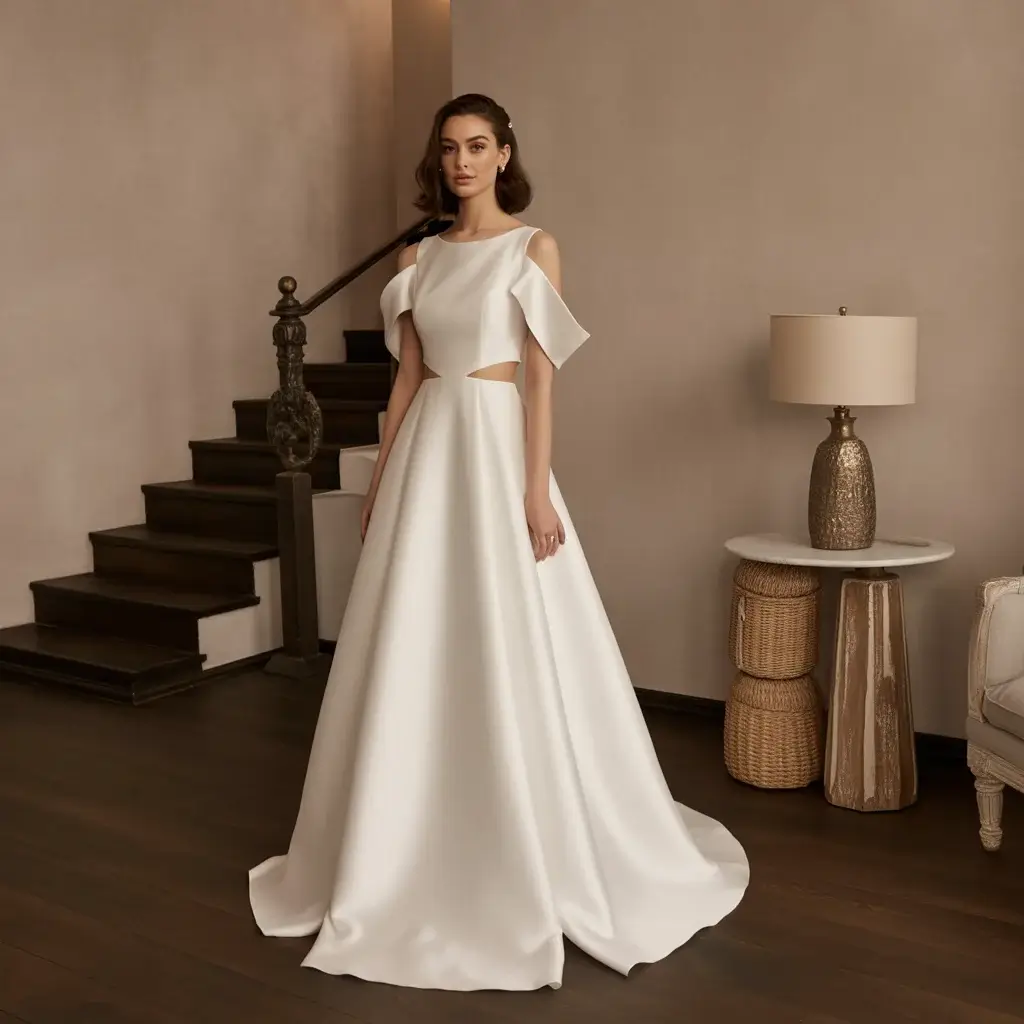 Top 16 Best Try at Home Wedding Dresses That Brides Are Ordering Online 16 Modern cold-shoulder crepe wedding dress with elegant cutout details and contemporary sophistication