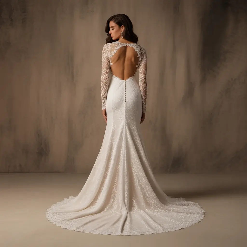 15 Long Sleeve Open Back Lace Wedding Dresses 10 Modern lace wedding dress with high-low hemline, elegant long sleeves, and dramatic open back perfect for dancing